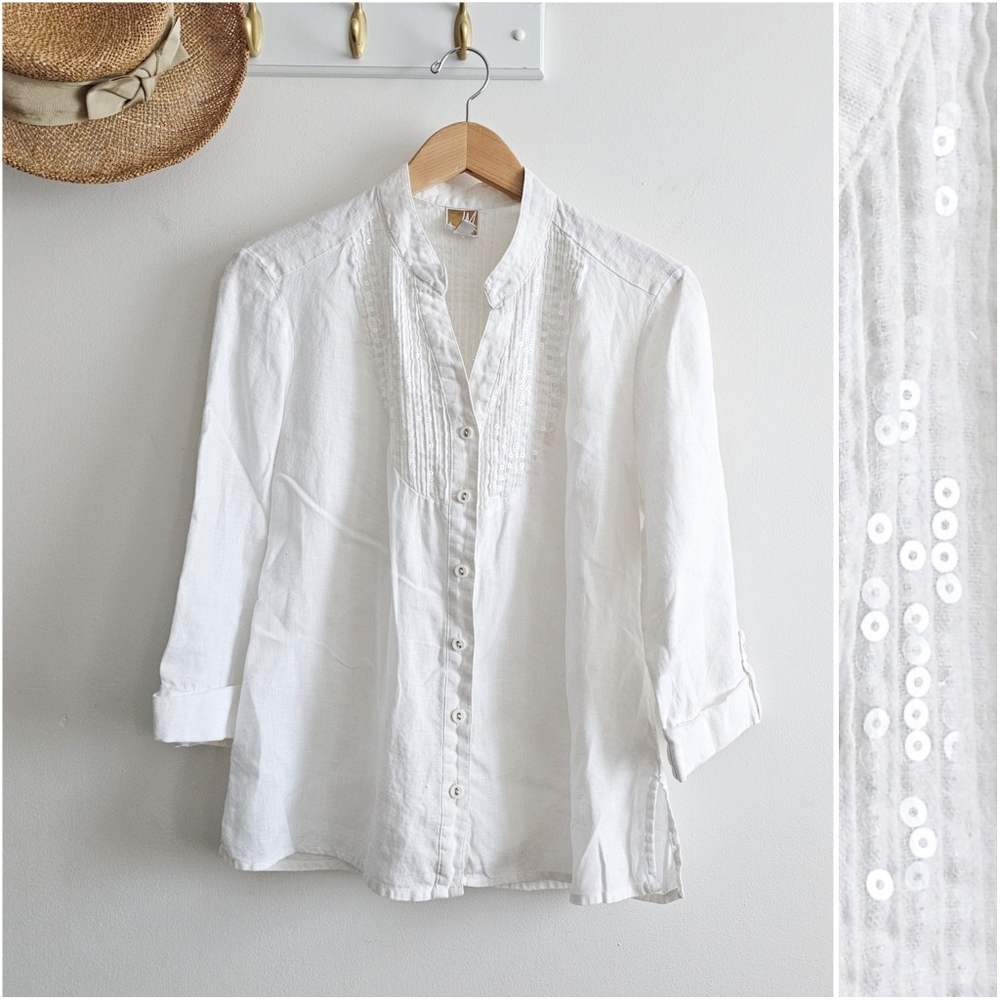 JM Collection Petite White 100% Linen Sequin Pintuck Blouse 3/4 Sleeve 14P